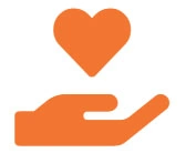 Orange hand holding a heart symbol.