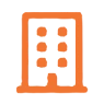 Orange building icon on black background.