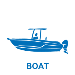 A blue logo featuring a circle with a stylized fish and the word 'BOAT'.