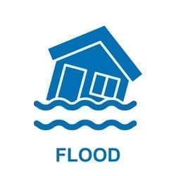 Blue icon of a house partially submerged in floodwater with the word 'FLOOD'.