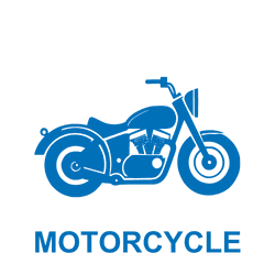 Blue motorcycle icon with text below on a white background.