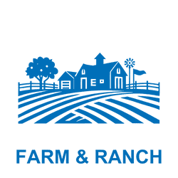 Blue logo with farm elements and text 'FARM & RANCH'.