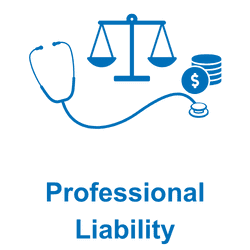 Blue icon with scales, stethoscope, and 'Professional Liability' text.