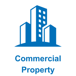 Blue commercial property icon with building shapes and text.