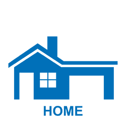 Blue house icon with the word 'HOME' below it.