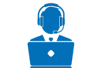 Customer service representative with headset working on laptop.