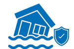 Blue icon of a house with water waves and a shield symbol.
