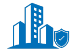 Blue buildings with a shield symbolizing protection.