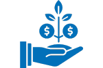 Hand nurturing a plant with dollar signs as leaves symbolizing financial growth.